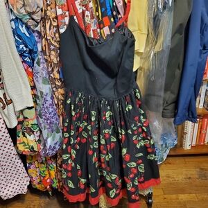 Pinup Couture Black Dress with Red and Green Cherry Design
